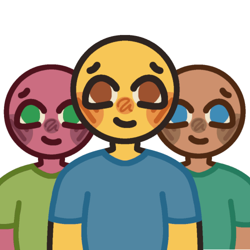 From left to right, a pink person with green eyes and green shirt, a yellow person with brown eyes and a blue shirt and a brown person with blue eyes and a turquoise shirt